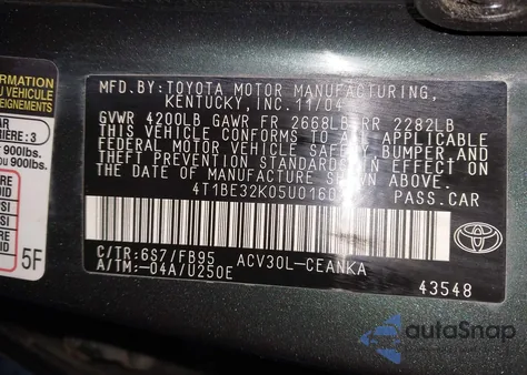 2005 Toyota Camry Le из США, поврежденный, VIN 4T1BE32K05U016026